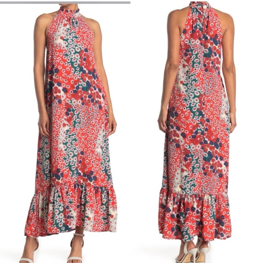Melloday Red Floral Daisy Crepe Sleeveless Maxi Dress